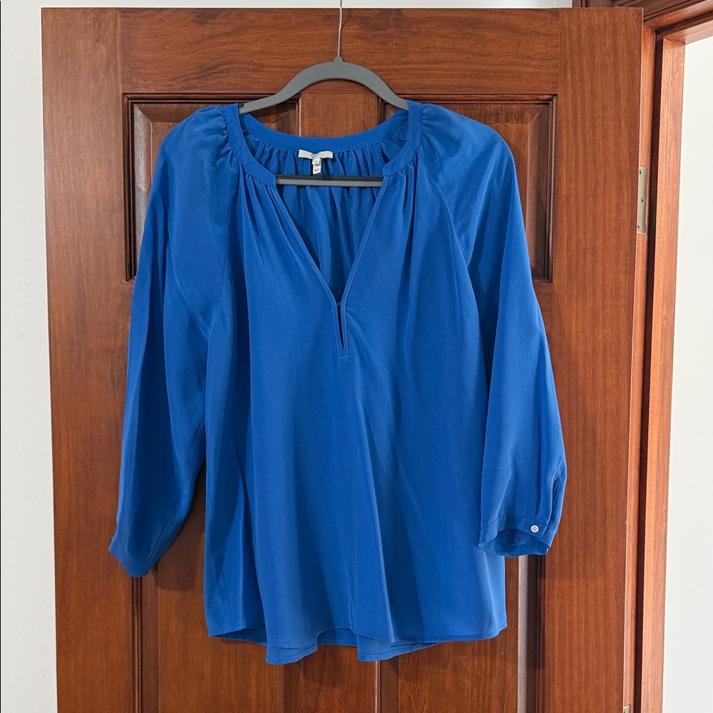 Joie Royal Blue Gathered V-Neck Blouse
